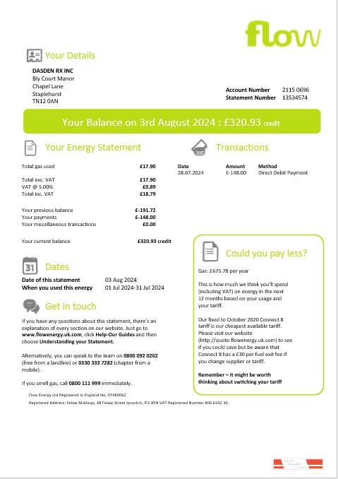 United Kingdom Flow Energy business utility bill template in Word and PDF formats